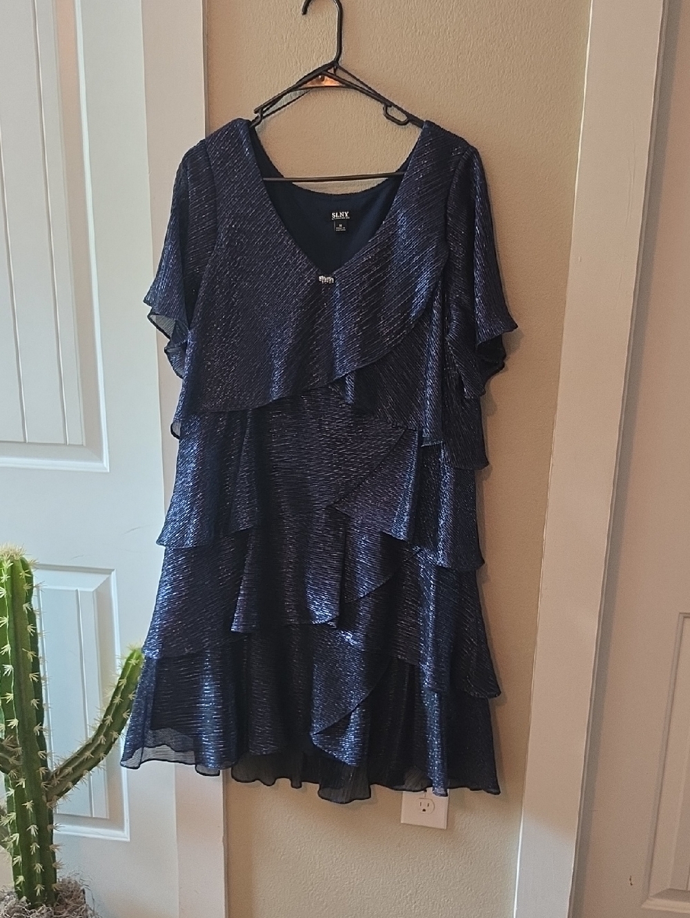 SLNY Navy Tiered Ruffle Midi Dress